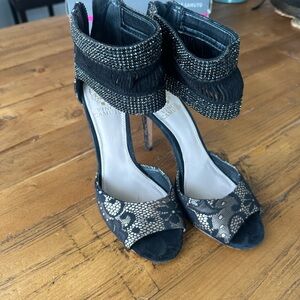 Vince Camuto Black and Silver Heels with Open Toe Design and High Heel